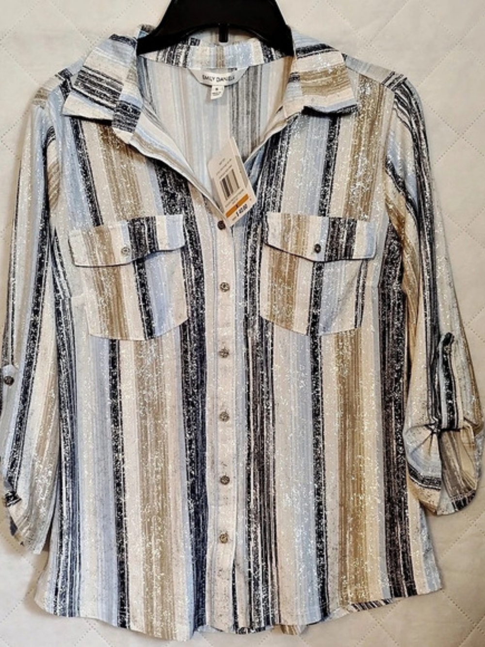 Emily Daniels Carly Sparkly Top Striped Button Down Shirt Blue & White Small